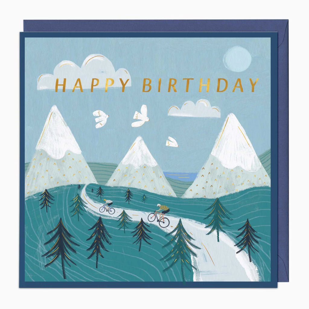 Birthday card with mountain and cyclist design, featuring 'Happy Birthday' text.