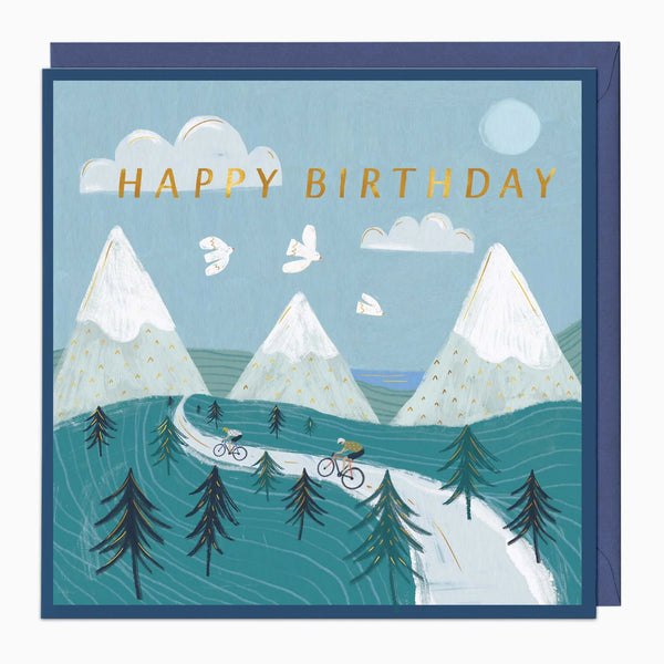 Birthday card with mountain and cyclist design, featuring 'Happy Birthday' text.