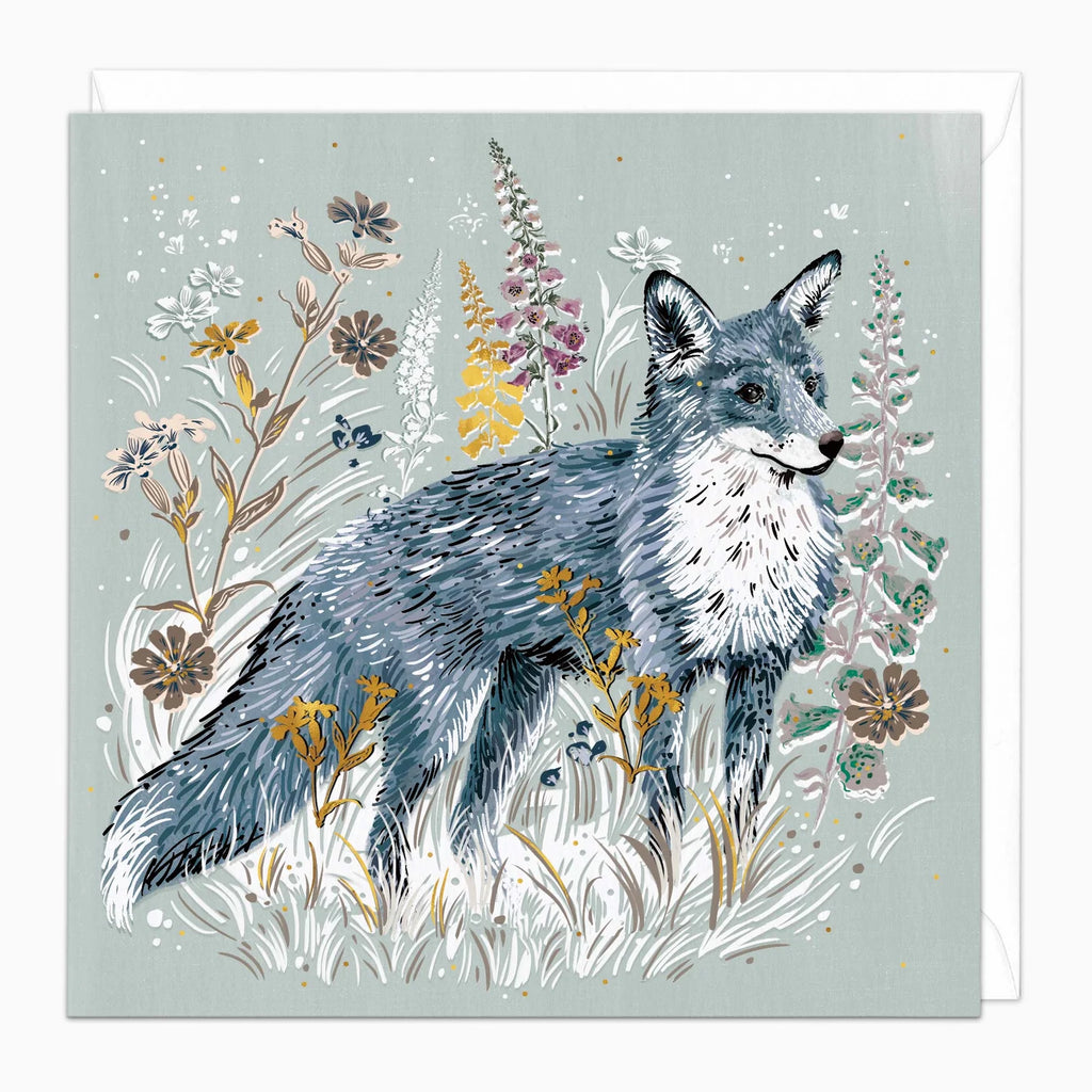 Card with a fox illustration surrounded by flowers on a light gray background