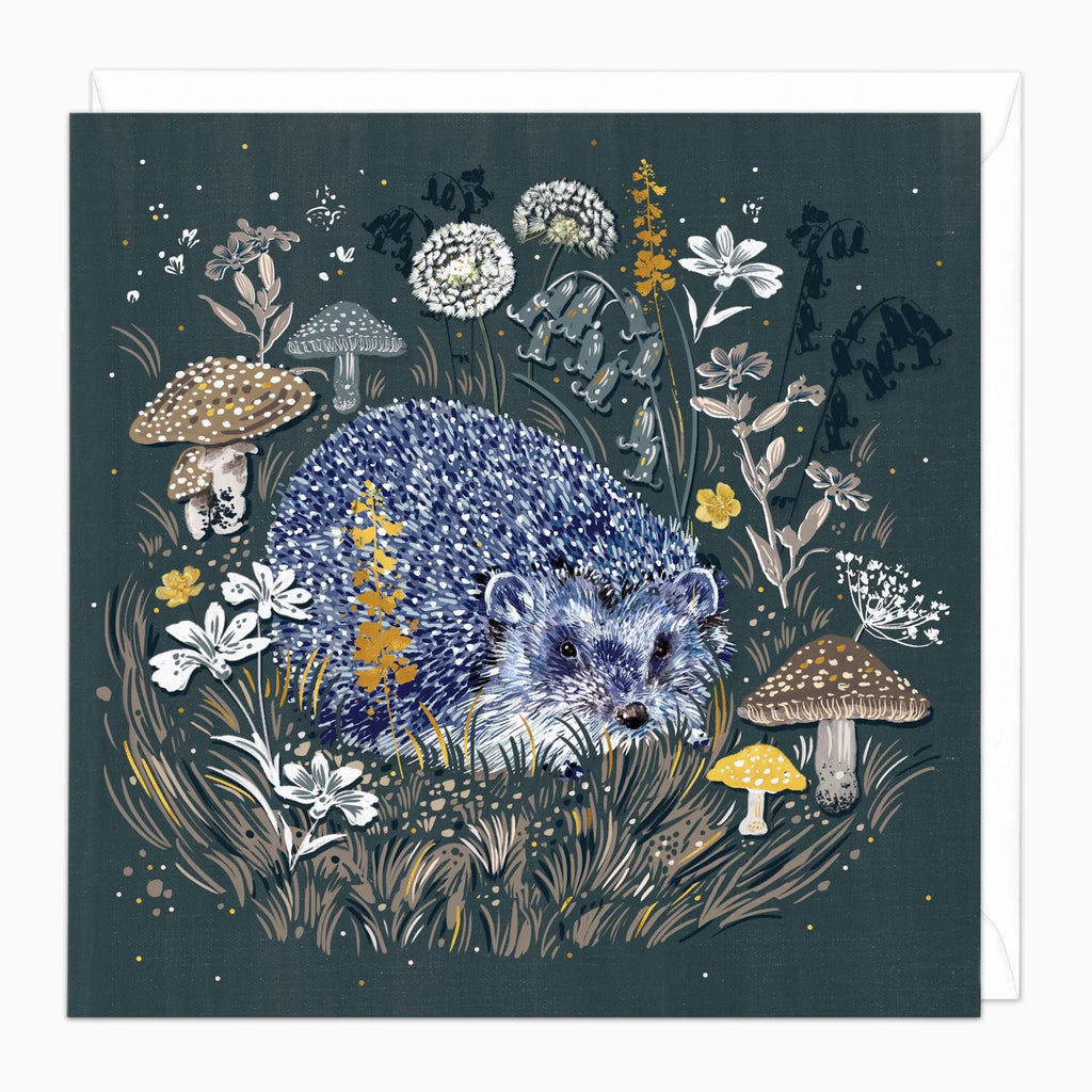Illustration of a hedgehog surrounded by mushrooms and flowers on a dark background
