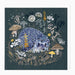 Illustration of a hedgehog surrounded by mushrooms and flowers on a dark background