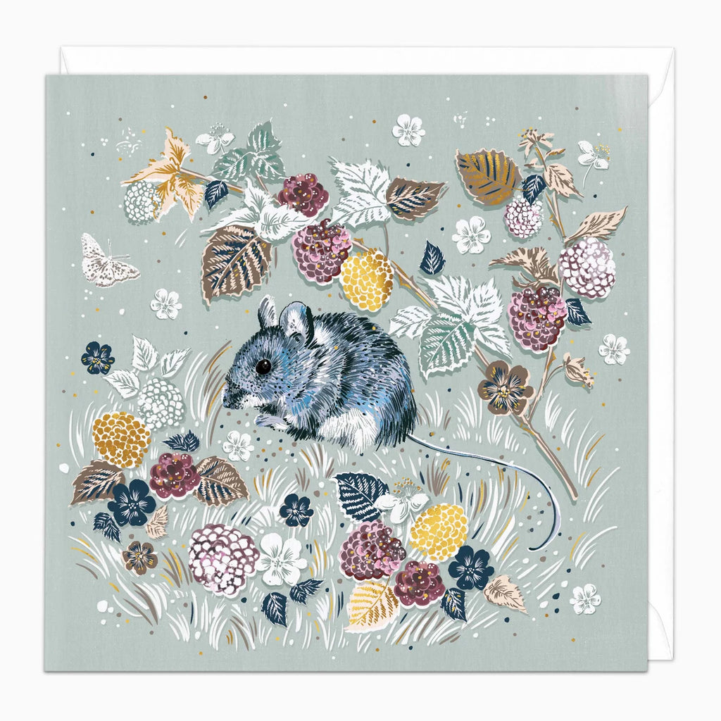 Card with a mouse among flowers and leaves on a light gray background