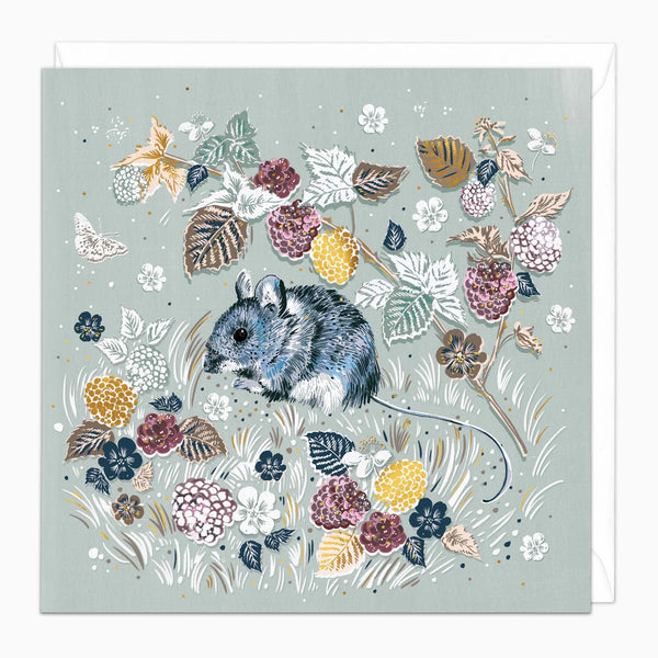 Card with a mouse among flowers and leaves on a light gray background