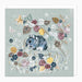 Card with a mouse among flowers and leaves on a light gray background