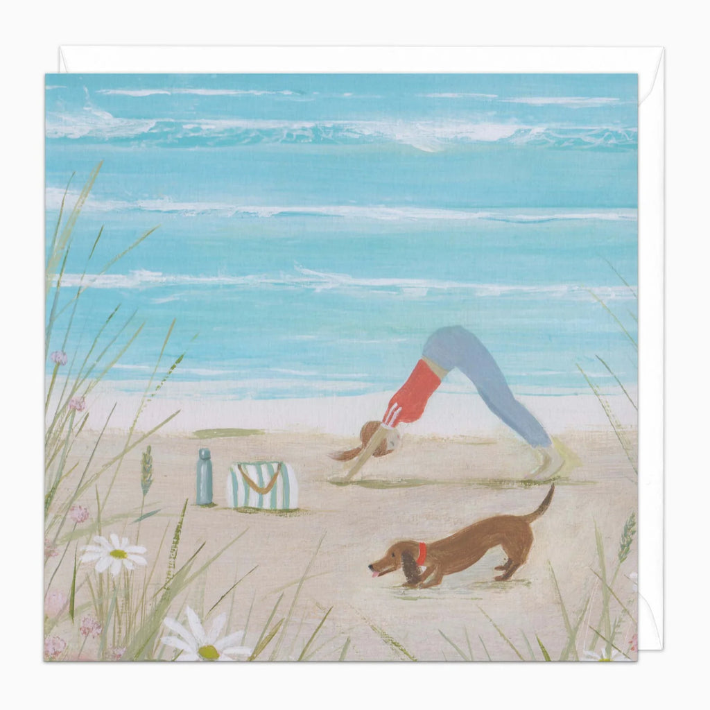 Illustration of a person doing yoga on a beach with a dog and beach bag.