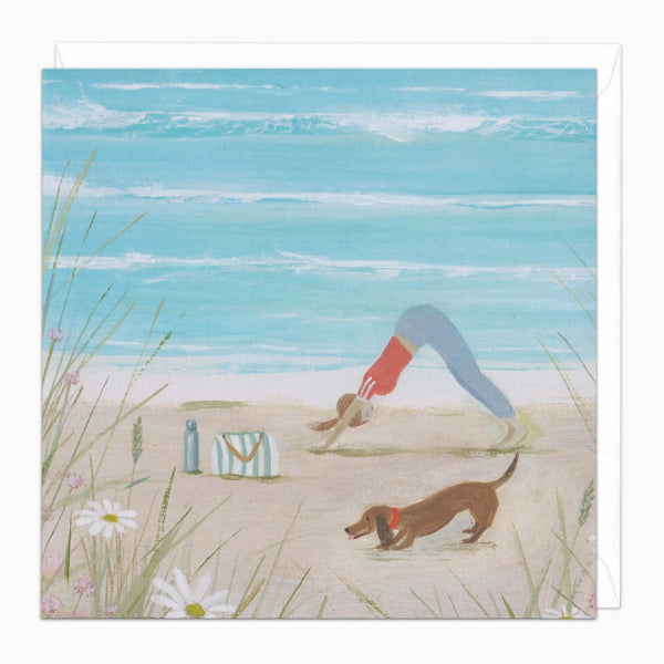 Illustration of a person doing yoga on a beach with a dog and beach bag.
