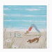 Illustration of a person doing yoga on a beach with a dog and beach bag.