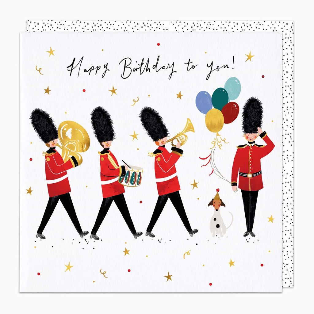 Birthday card with illustrations of soldiers in red uniforms and balloons on a white background.