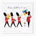 Birthday card with illustrations of soldiers in red uniforms and balloons on a white background.