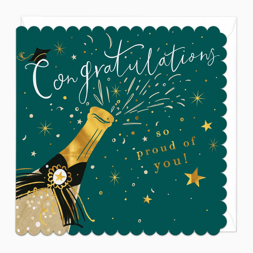 Congratulations card with a champagne bottle illustration on a teal background