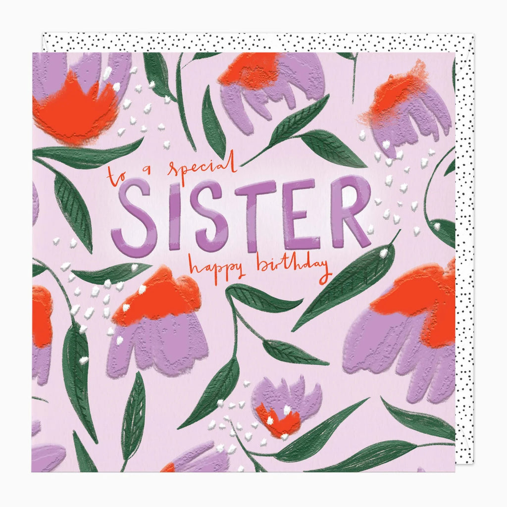 Greeting card with floral design and 'Happy Birthday' text for a special sister on a pink background.