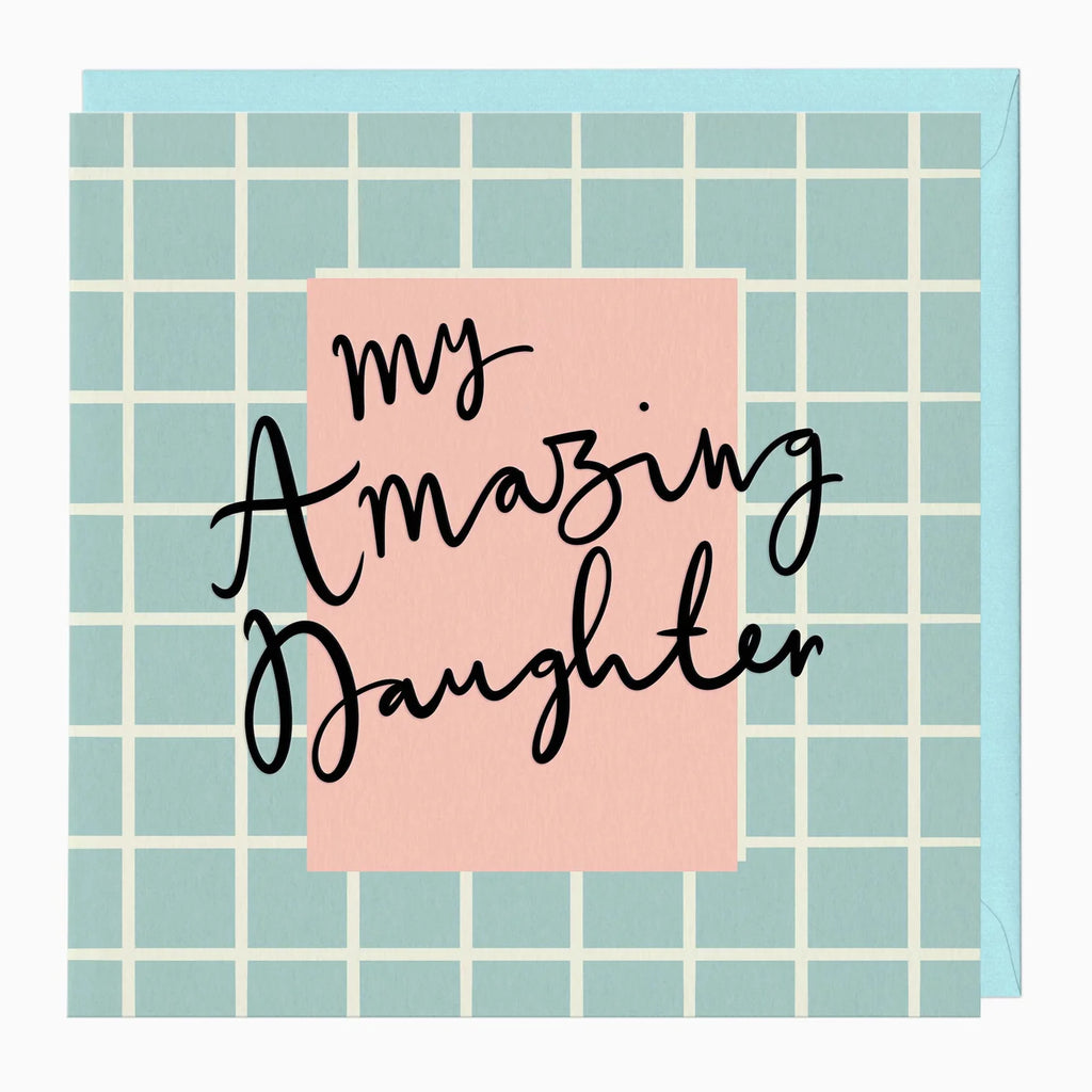 Card with 'My Amazing Daughter' text on a pink square against a blue grid background
