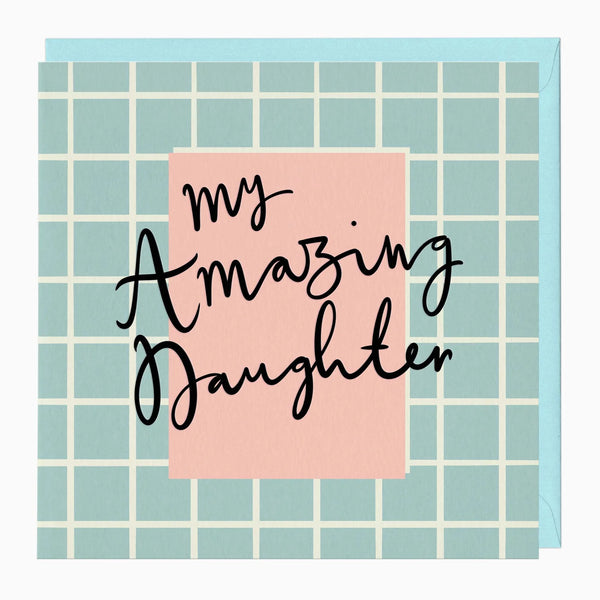 Card with 'My Amazing Daughter' text on a pink square against a blue grid background
