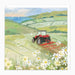 A square art print or card featuring a painted pastoral countryside scene with a red tractor pulling a field implement through green fields, white daisies in the foreground, blue water in the distance, and a pale sky above.
