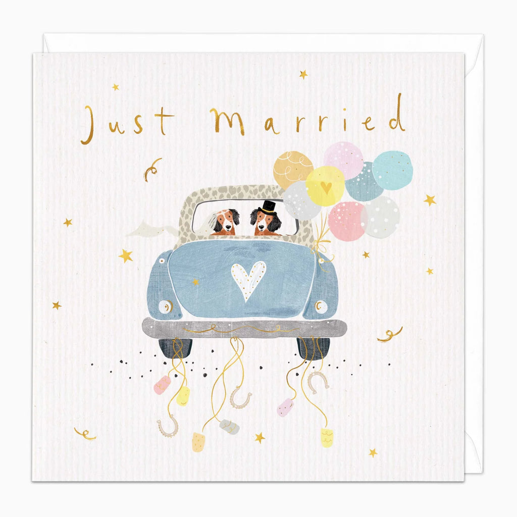 Square greeting card with a white textured background featuring the words 'Just Married' in gold script. The center illustration shows a light blue car with a white heart on the front, driven by two dogs wearing top hats, with pastel balloons and confetti falling below.