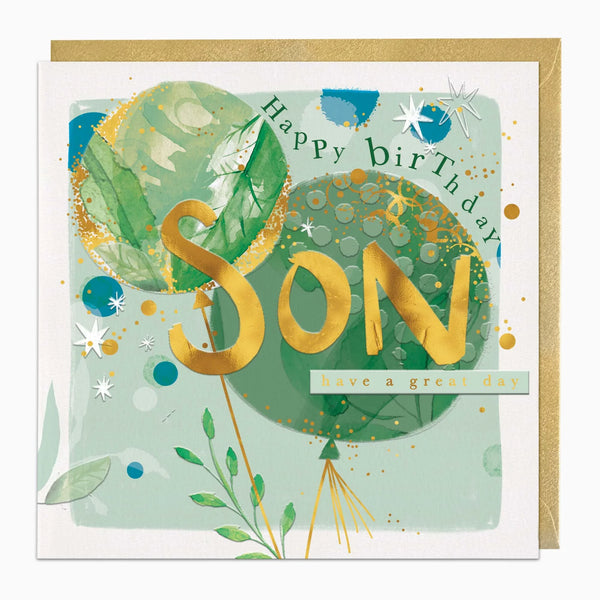 Greeting card with green balloons and gold text 'Happy Birthday Son' on a light blue background.