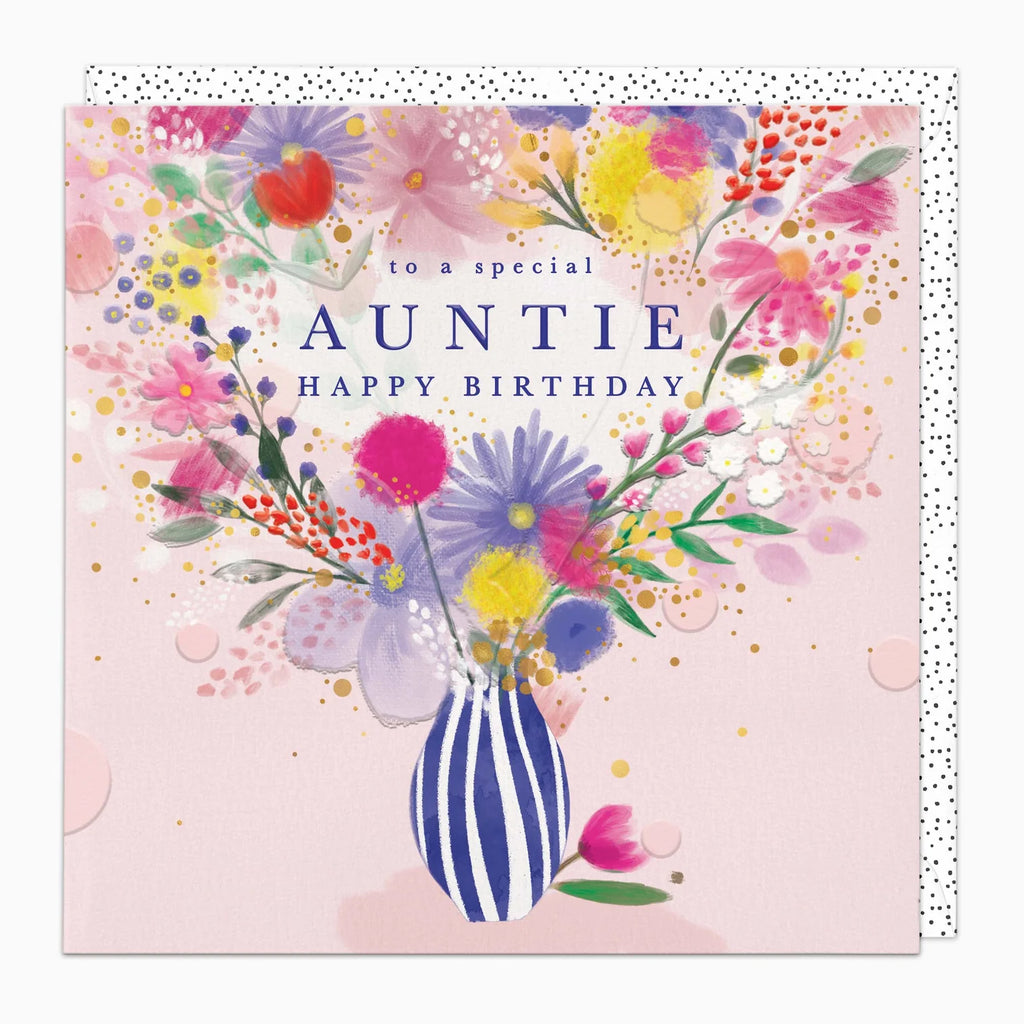 Birthday card for a special auntie with flowers and a vase on a pink background