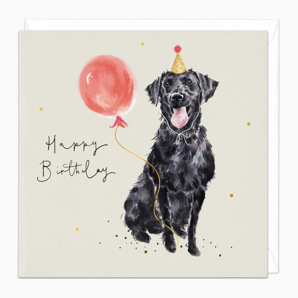 Birthday card with a black dog holding a red balloon and wearing a party hat on a beige background.