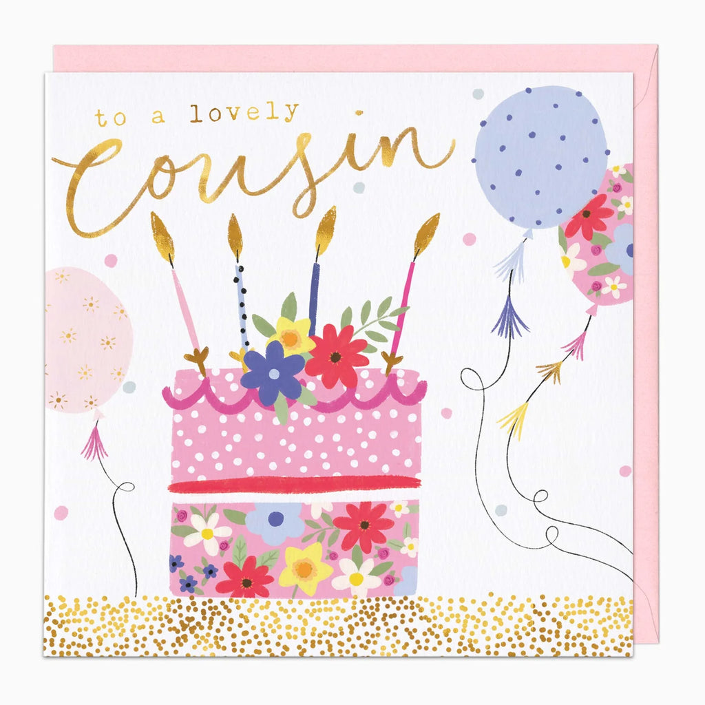 Birthday card for a cousin with a cake, candles, and balloons on a pink background