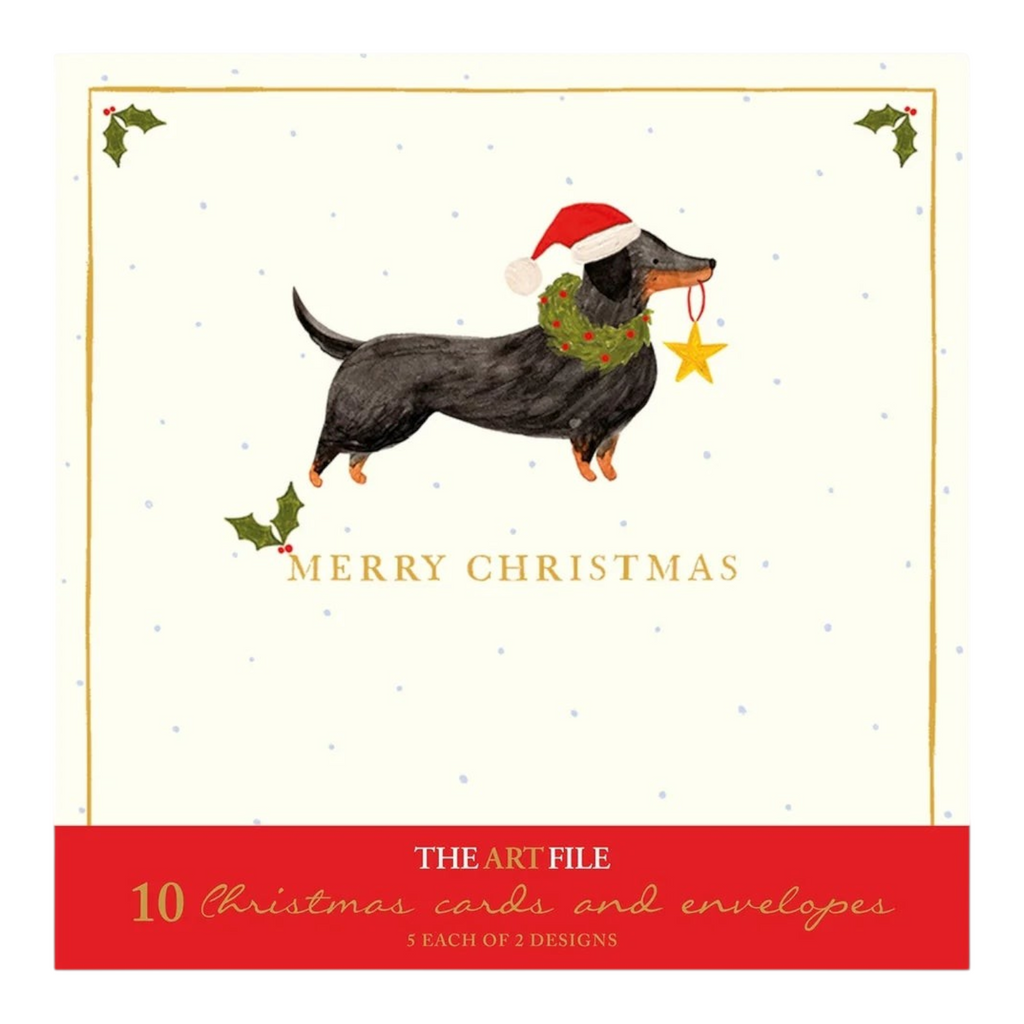 Mrs Best Paper Co. Santa Paws Christmas card featuring a dachshund in a Santa hat and wreath with gold foil details.