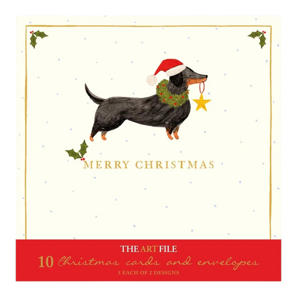 Mrs Best Paper Co. Santa Paws Christmas card featuring a dachshund in a Santa hat and wreath with gold foil details.