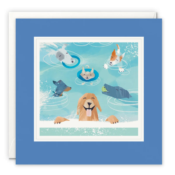 A square greeting card with a blue border and a white envelope behind it. The card features an illustration of several playful dogs swimming in a light blue pool.