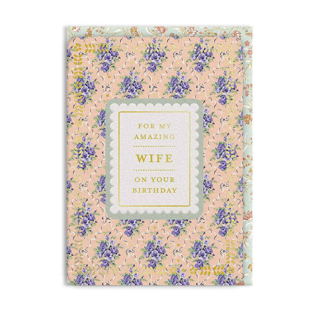 Greeting card with floral design and text for an amazing wife on a white background