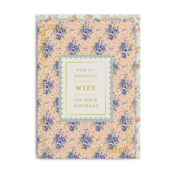 Greeting card with floral design and text for an amazing wife on a white background