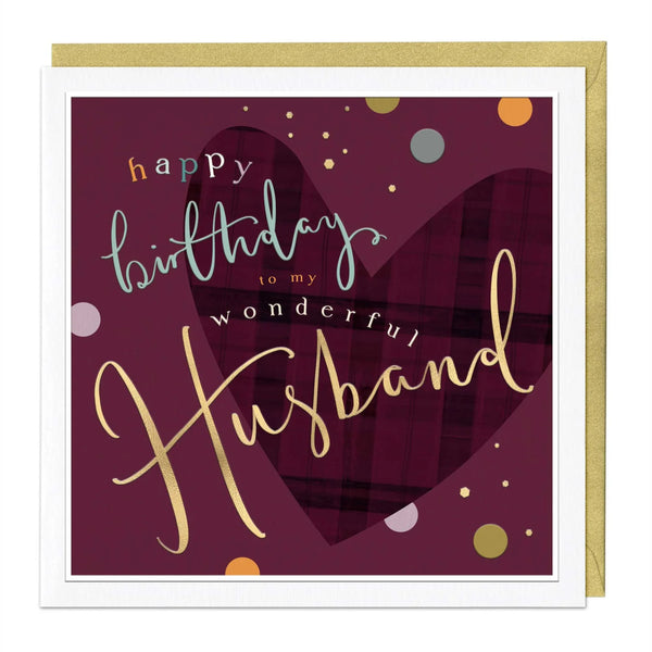 Greeting card with 'Happy Birthday to my wonderful Husband' text on a purple background
