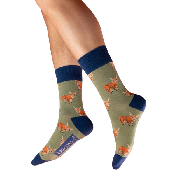 Powder Men's Socks - Handsome Highland Cows in Sage