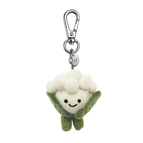 Plush keychain shaped like a cauliflower with a smiling face on a white background