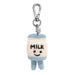 Plush milk carton keychain with a smiling face on a white background
