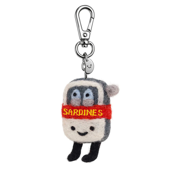 Plush keychain of a cartoonish sardine can with a red bandana and a carabiner on a white background