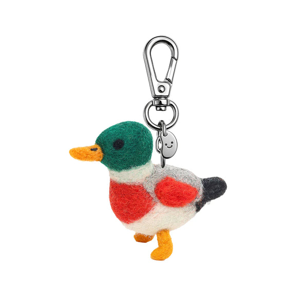 Colorful duck-shaped keychain with a metal clip on a white background