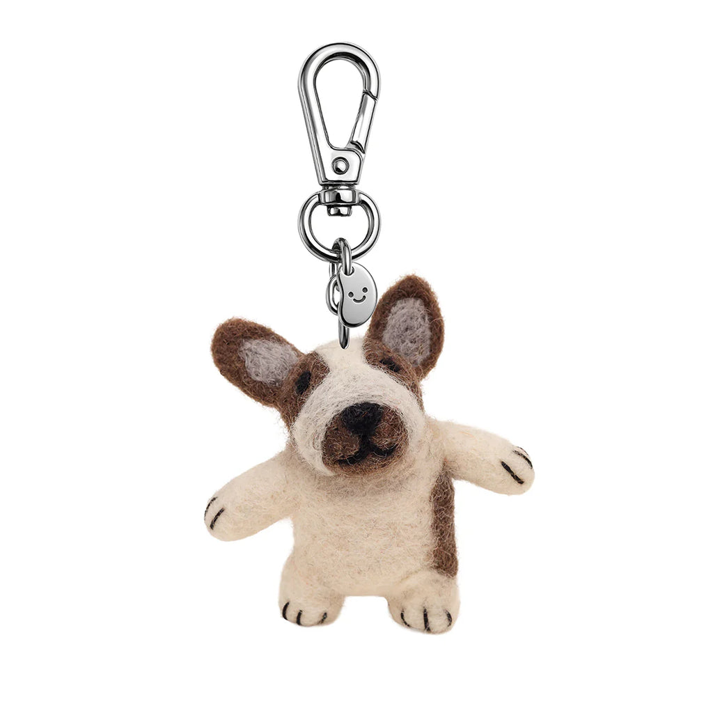 Dog-shaped keychain with a metal clip on a white background