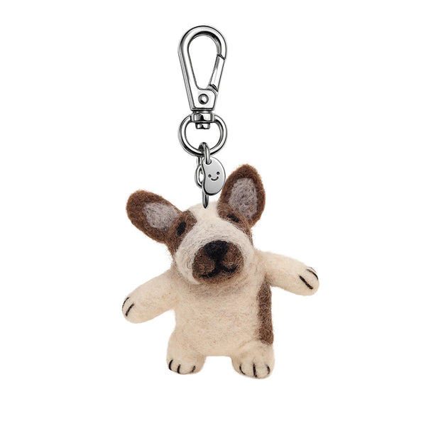 Dog-shaped keychain with a metal clip on a white background