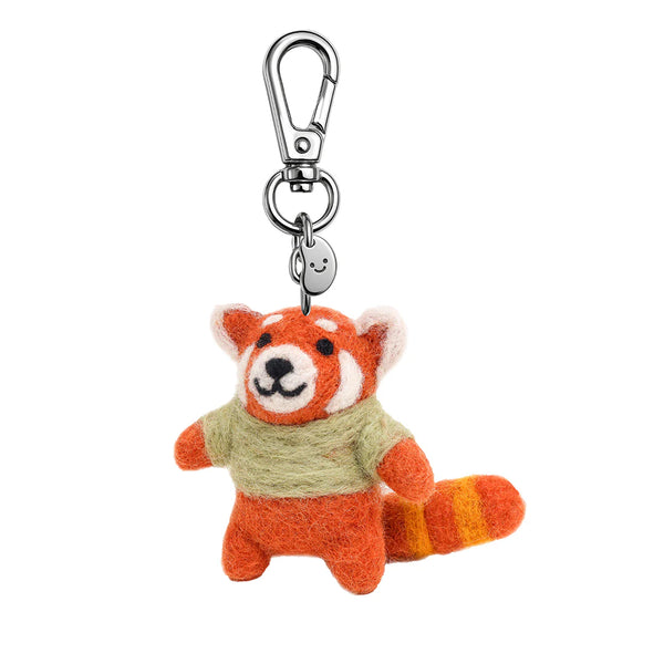 Plush red panda keychain with a carabiner on a white background