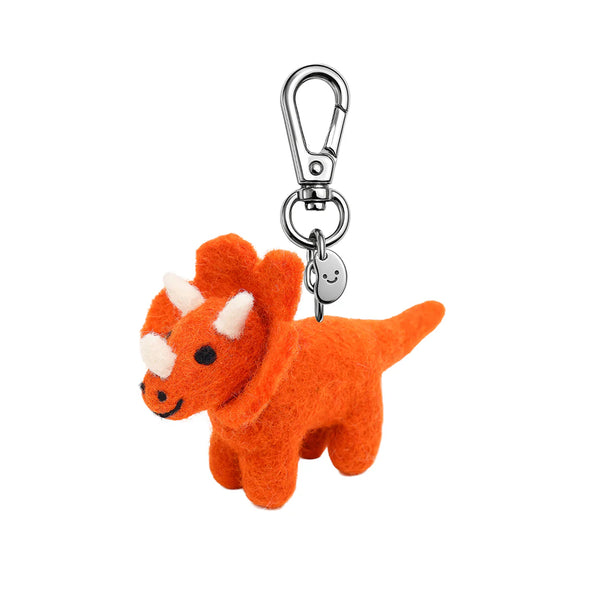 Orange triceratops keychain with a carabiner on a white background