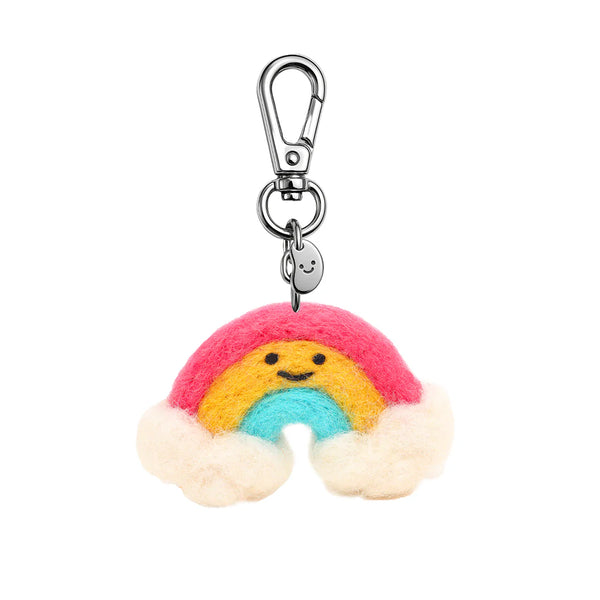 Colorful rainbow-shaped keychain with a smiling face on a white background