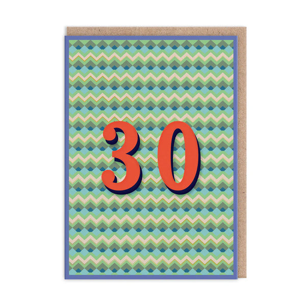 Greeting card with zigzag pattern and number 30 on a white background