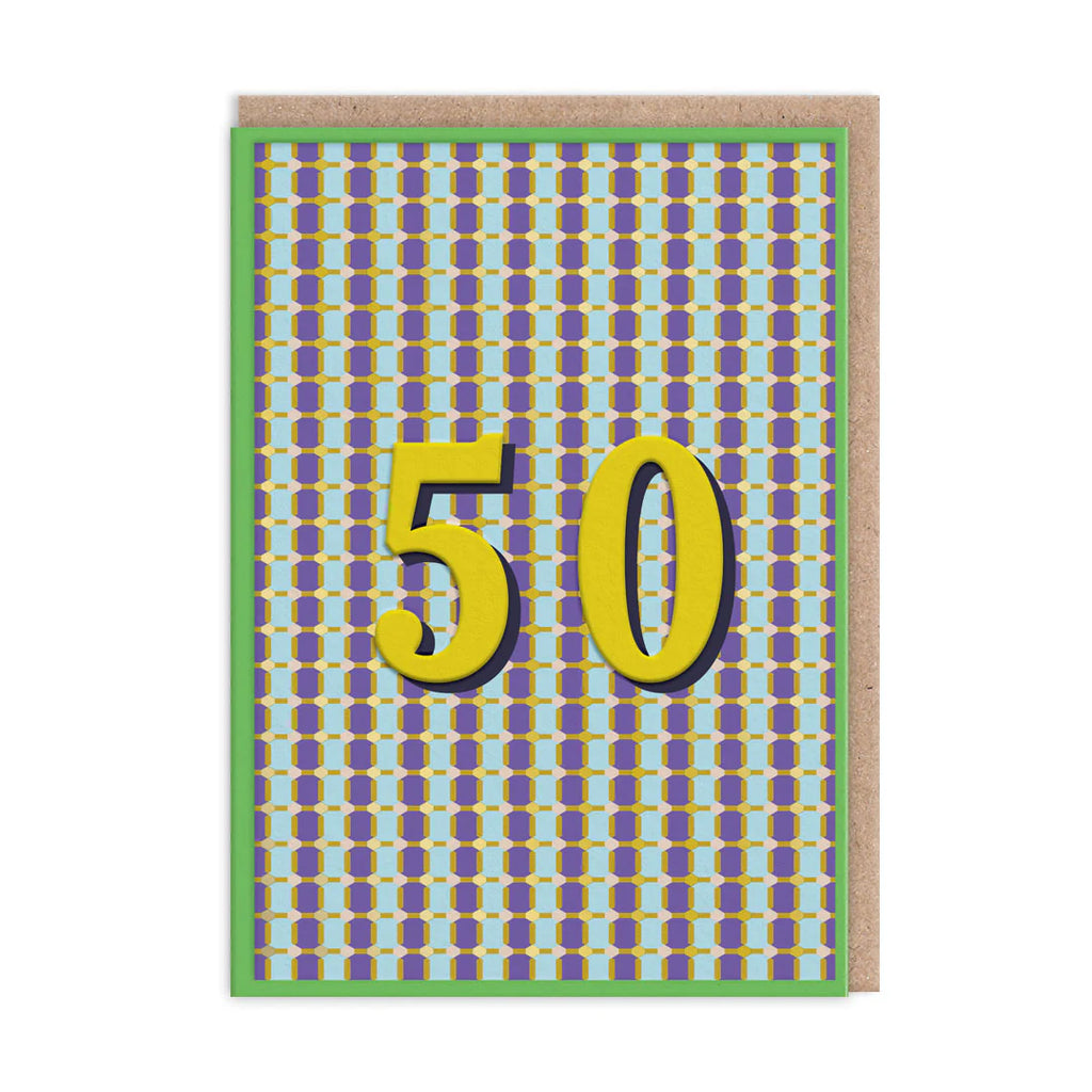 Greeting card with number 50 on a patterned background
