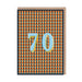 A square greeting card with a repeating orange and blue geometric pattern, featuring large light blue numbers '70' outlined in yellow. A kraft paper envelope is placed behind the card on a white background.