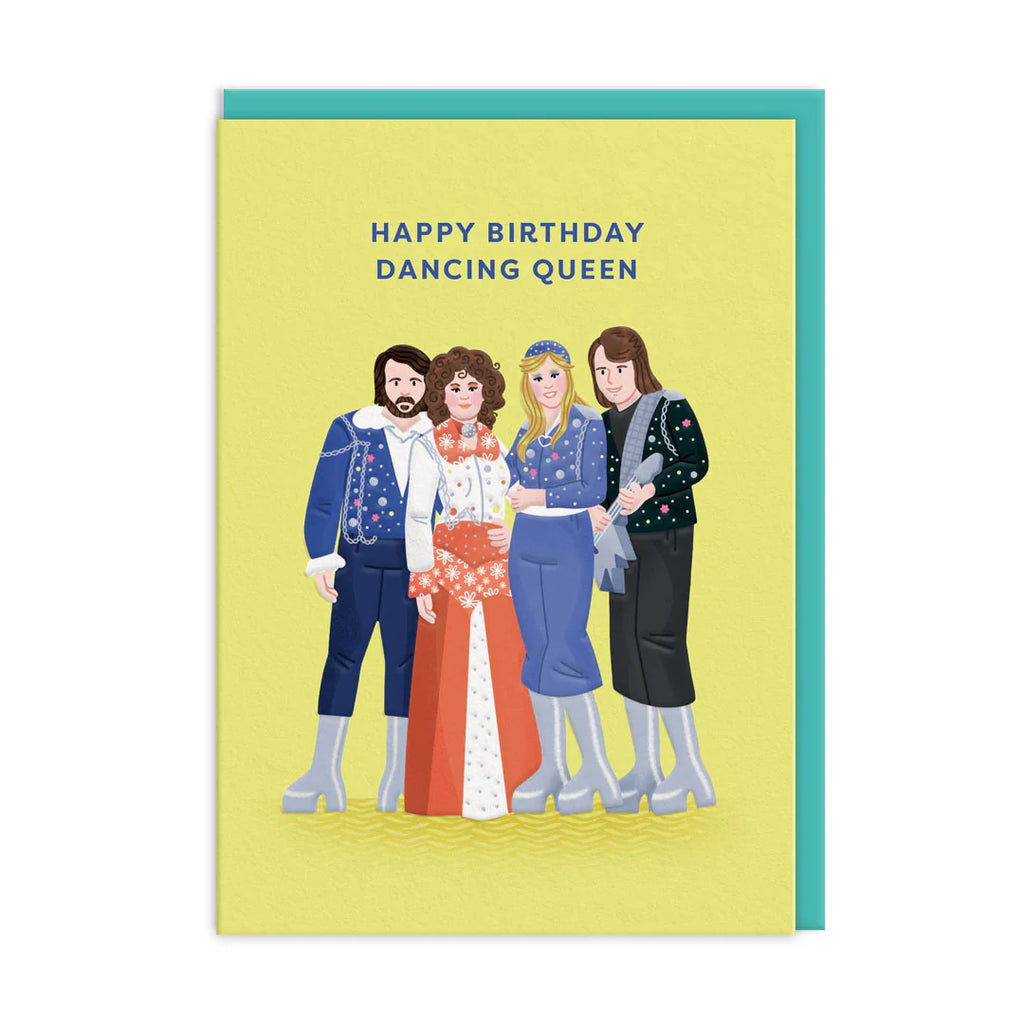Birthday card with illustration of four people and 'Happy Birthday Dancing Queen' text on a yellow background.