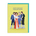 Birthday card with illustration of four people and 'Happy Birthday Dancing Queen' text on a yellow background.