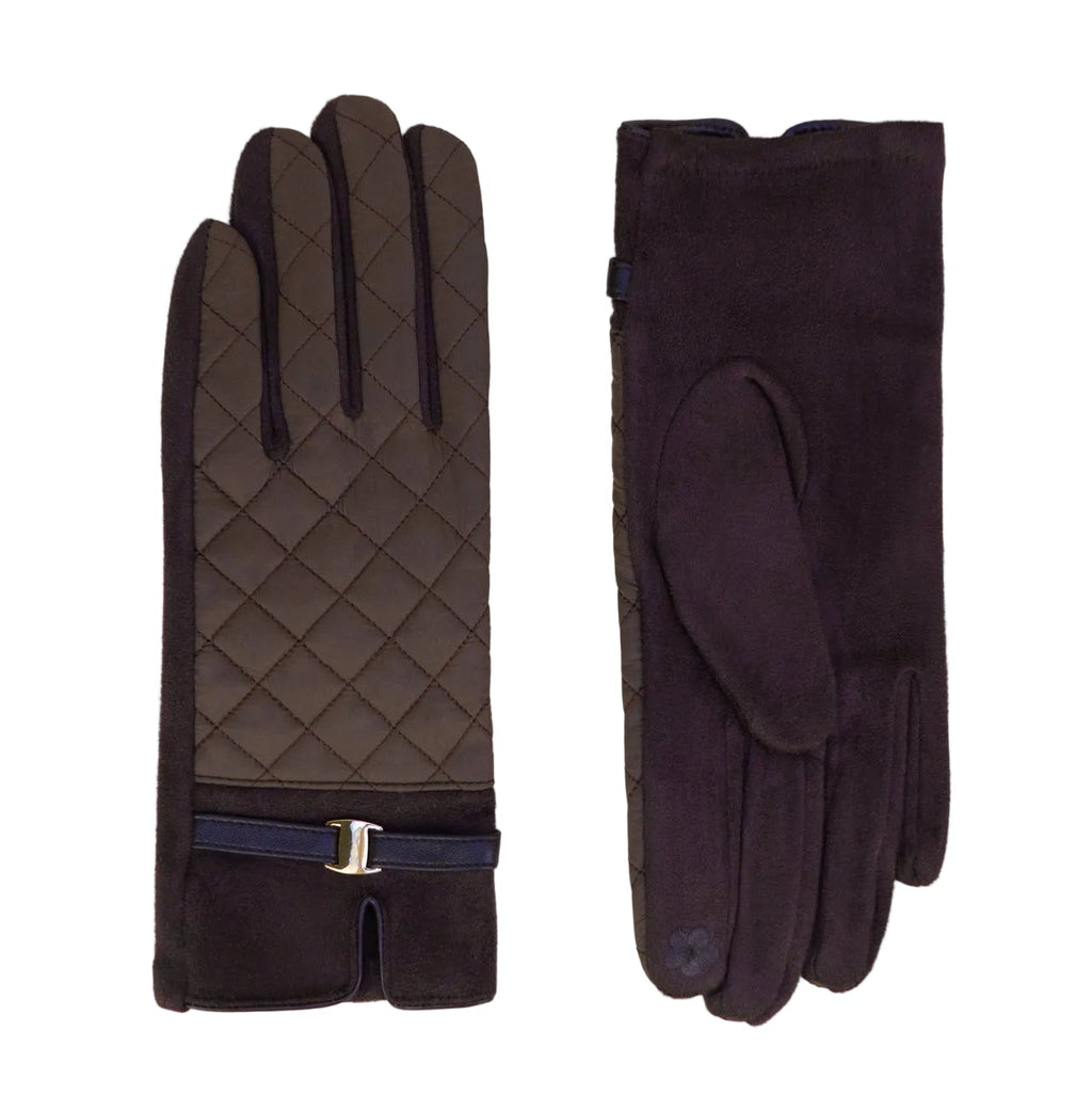 Pair of black gloves with quilted design on a white background