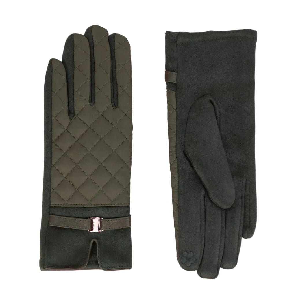 Pair of dark green gloves with quilted design on a white background