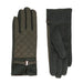 Pair of dark green gloves with quilted design on a white background