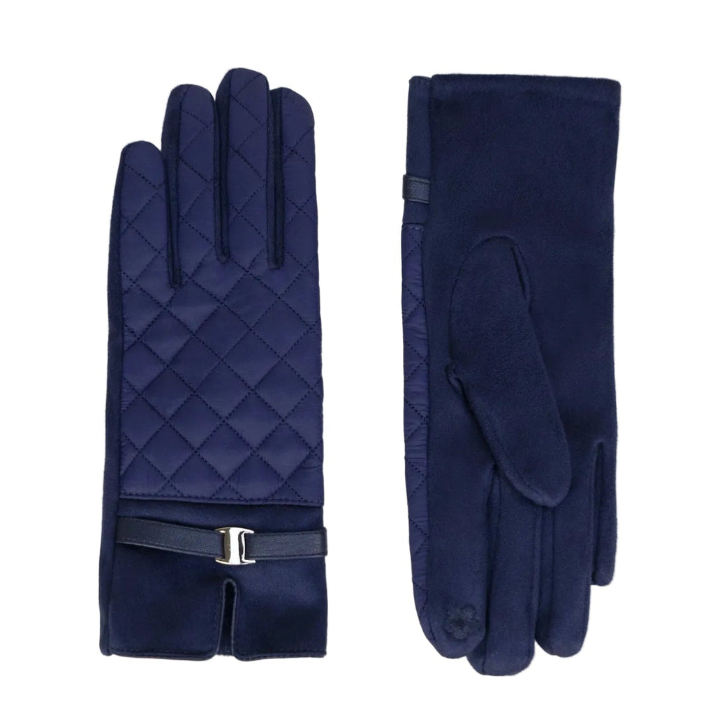 Pair of navy blue gloves with a quilted design on a white background