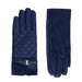 Pair of navy blue gloves with a quilted design on a white background