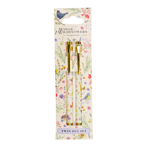 Packaged twin pen set with floral design on a white background